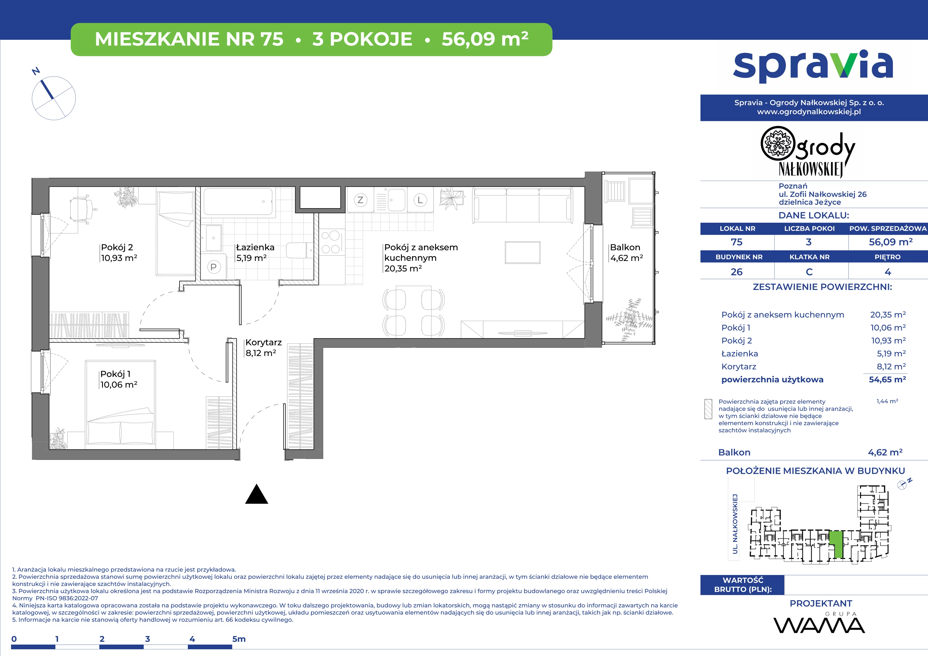 3 pokoje, mieszkanie 56,09 m², piętro 4, oferta nr 26-75, Ogrody Nałkowskiej, Poznań, Ogrody, ul. Nałkowskiej 24, 26